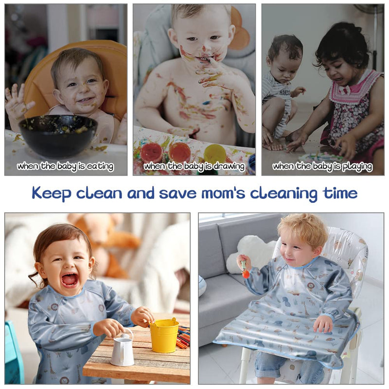Vicloon Bibs with Sleeves, Baby & Toddler Coverall Weaning Bib, Waterproof Long Sleeve Bib Unisex Feeding Bibs Apron Attaches to Highchair & Table, Adjustable High Chair Catch-All Bib for Toddlers blue - NewNest Australia