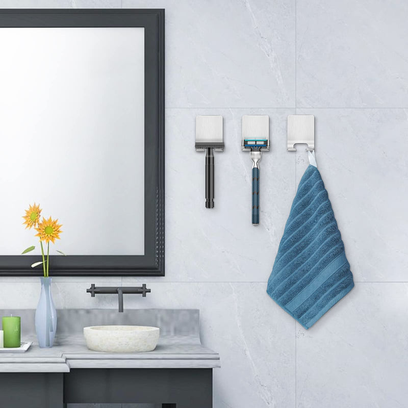 Leryati Razor Holder Shower, Pack of 2 Silver Razor Holder Shower No Drilling, Stainless Steel Razor Holder, Robust Self-Adhesive Razor Hanger Shower Suitable for Door Wall Bathroom Kitchen Silver × 2 - NewNest Australia