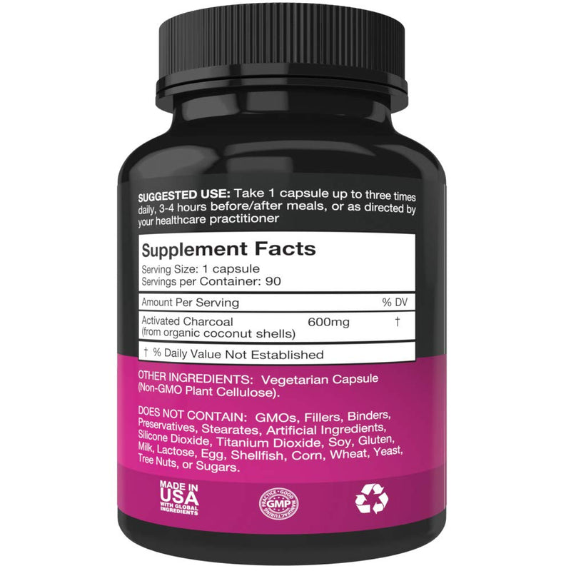 Pure Organic Activated Charcoal Capsules - 600mg per Capsule, 90 Veggie Cap Pills Used for Gas, Bloating, Teeth Whitening and More - NewNest Australia