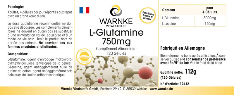 L-Glutamine capsules - 750mg per capsule - vegan & high dosage - free form - 120 capsules | Warnke vital substances - NewNest Australia