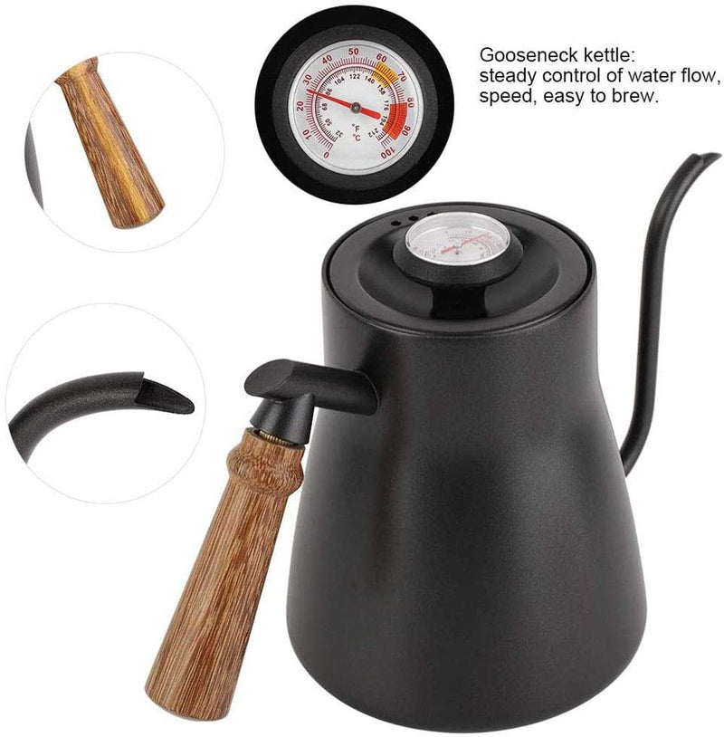 POEFT 850ML/28oz Coffee Kettle with Built In Thermometer Stainless Steel Gooseneck Coffee Pot Long Narrow Spout Coffee Pot with Insulated Wooden Ergonomic Handle 2# 850ml - NewNest Australia