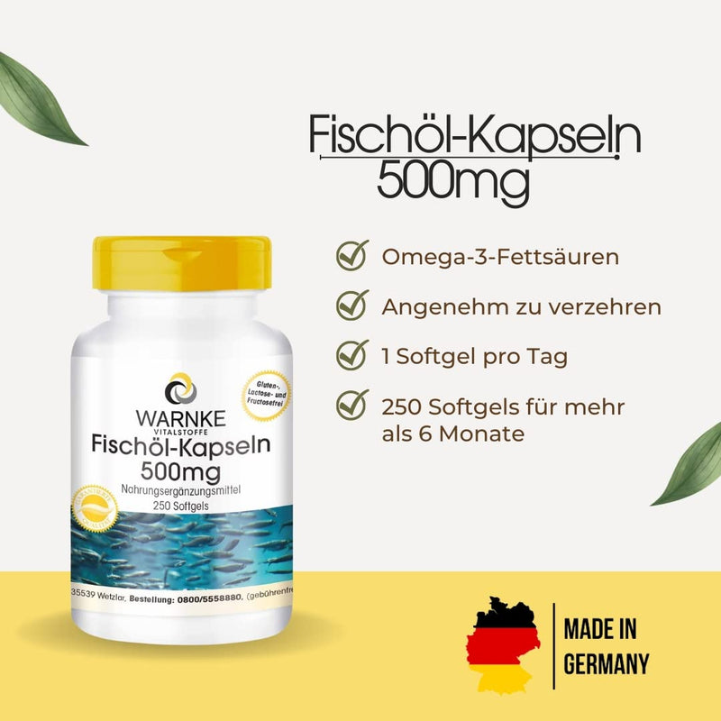 Fish oil capsules 500mg - Omega-3 fatty acids EPA + DHA - high dosage - 250 capsules - large pack | Warnke vital substances - NewNest Australia