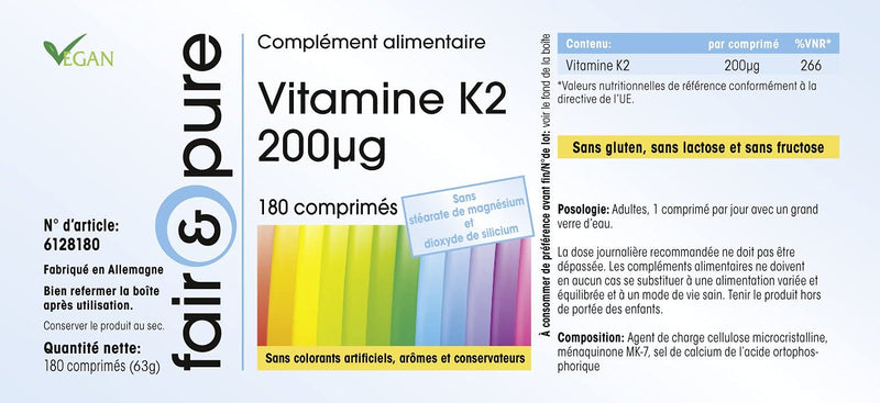 Fair & Pure® - Vitamin K2 200mcg - natural menaquinone MK-7 - vegan - 180 tablets - bulk pack for 6 months - NewNest Australia