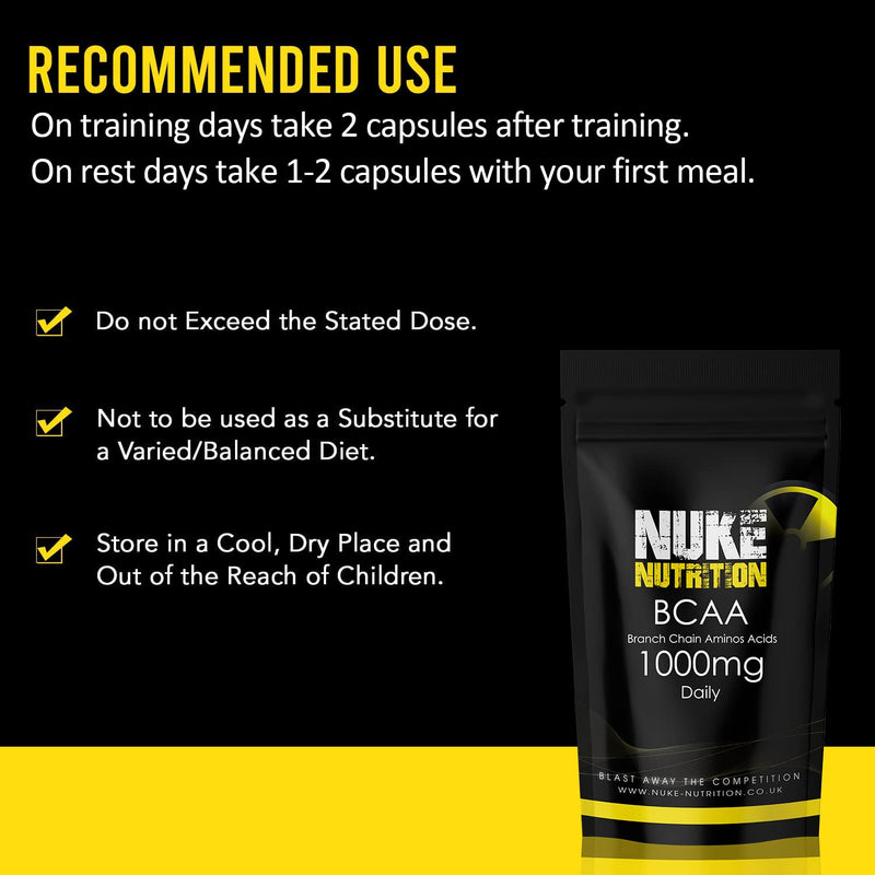 Nuke Nutrition BCAA Capsules | 120 Capsules 1000mg | Advanced Essential Amino Acids Supplement to Build Lean Muscle | Boost Recovery, Muscle Building & Growth | Leucine, Isoleucine & Valine | Vegan 120 Count (Pack of 1) - NewNest Australia