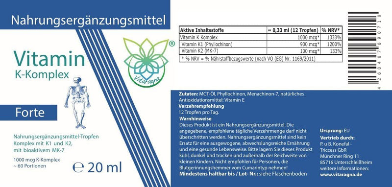 VITARAGNA Vitamin K2 Forte drops liquid, K1 and K2 K complex - Menaquinone MK7, high-dose liquid dissolved in MCT oil and bioactive MK-7 form, 20 ml - NewNest Australia
