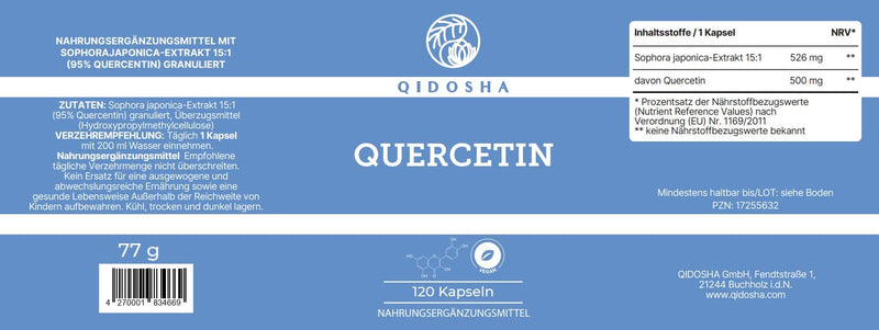 QIDOSHA® Quercetin capsules, high dosage, TEST WINNER 02/23*, 120 pieces/glass, 500 mg of pure quercetin per capsule, quercetin quantity tested by an external laboratory, German glass production (120 capsules) - NewNest Australia