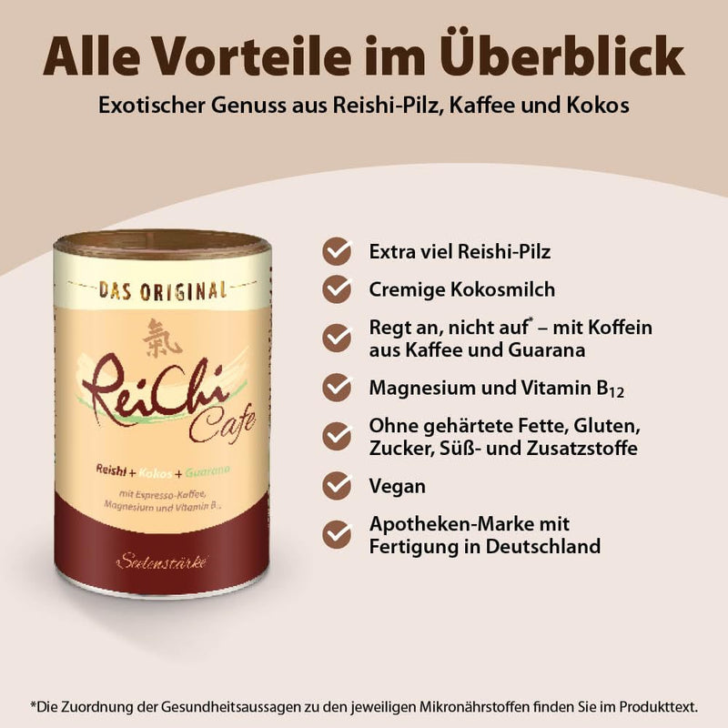 ReiChi Cafe I 400 g, 80 cups I exotic coffee enjoyment I reishi mushroom, ginseng & coconut I caffeine from guarana and coffee I magnesium + B12 I nerves, less fatigue¹ I vegan, without additives 400 g (pack of 1) - NewNest Australia