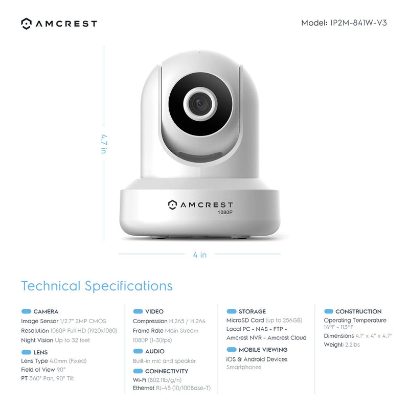 Amcrest 1080P WiFi Security Camera 2MP Indoor Pan/Tilt Wireless IP Camera, IP2M-841W (White) White - NewNest Australia