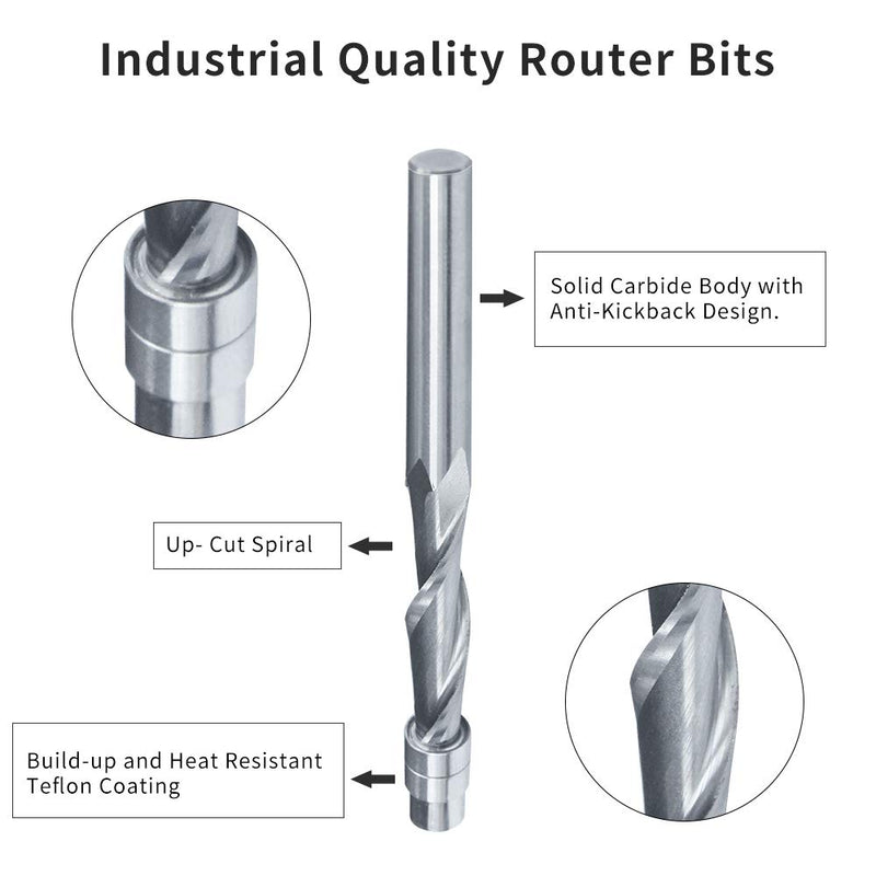 Spiral Flush-Trim Router Bits，Solid Carbide Flush Trim Router Bit 1/4-Inch Shank Spiral Flush Trim Up Cut from TACKPRO 1/4" Shank Up-Cut - NewNest Australia