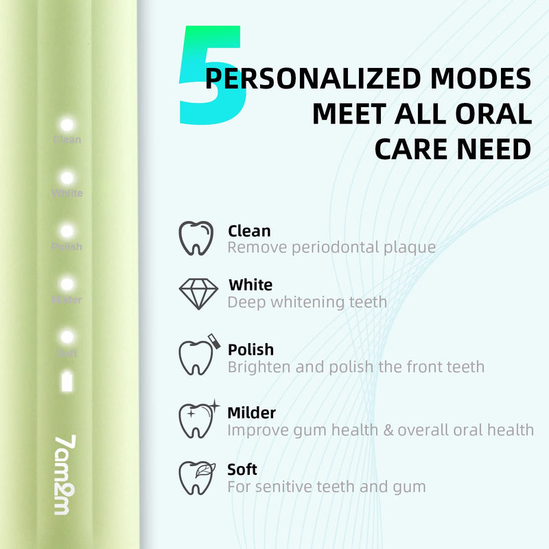 7AM2M Sonic Electric Toothbrush for Adults and Kids, One Charge for 90 Days, with 6 Brush Heads, 5 Modes with 2 Minutes Build in Smart Timer, Roman Column Handle Design(Green) Green - NewNest Australia