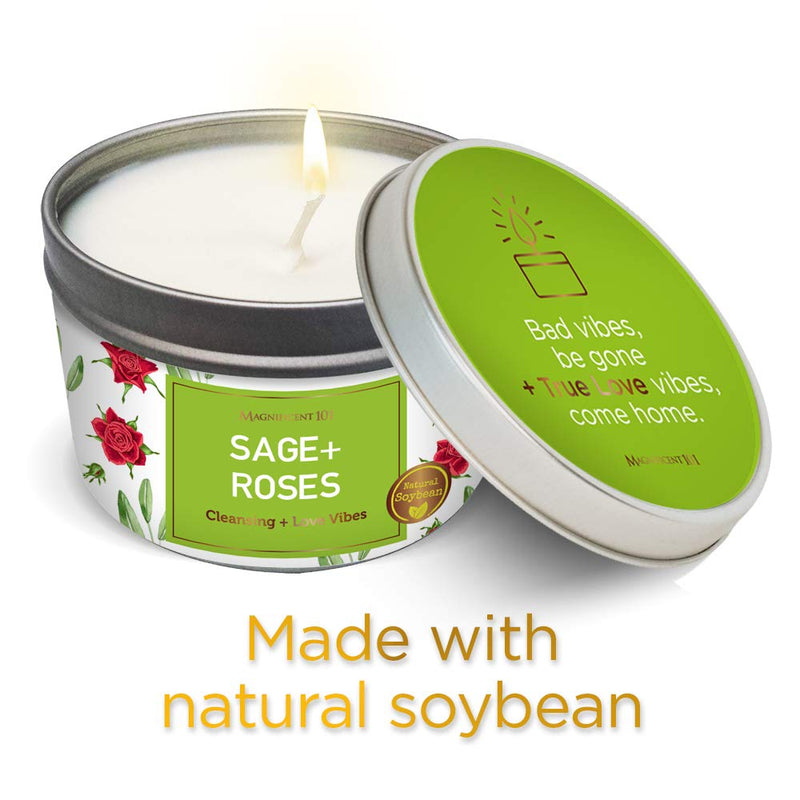 MAGNIFICENT 101 SAGE + Roses Aromatherapy Candle for House Energy Cleansing, Banishes Negative Energy I Purification and Chakra Healing - Natural Soy Wax Tin Candle for Aromatherapy 6oz Sage+ Roses - NewNest Australia