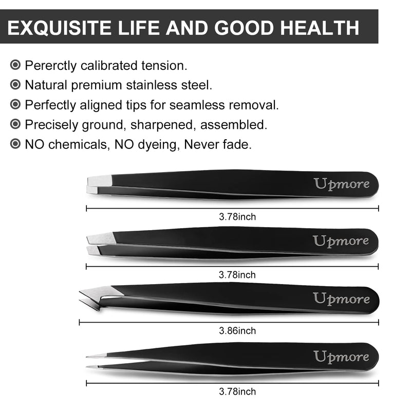 Upmore 4 x Tweezers Set Stainless Steel - Black Eyebrow Tweezers Set Scissors Tweezers Straight Slanted Pointed Tweezers for Men and Women - NewNest Australia