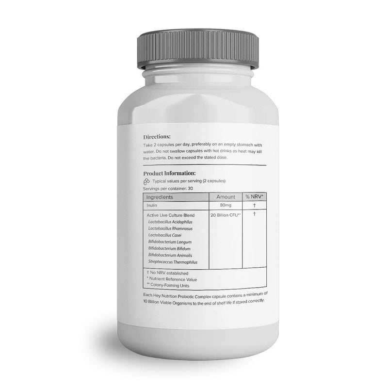 Hey Nutrition Probiotic Complex Supplement 7 Multi Strain High Strength 20 Billion CFU - Gut, Immune, Skin Health - 60 Capsules, Non GMO, Vegan 60 Count (Pack of 1) - NewNest Australia