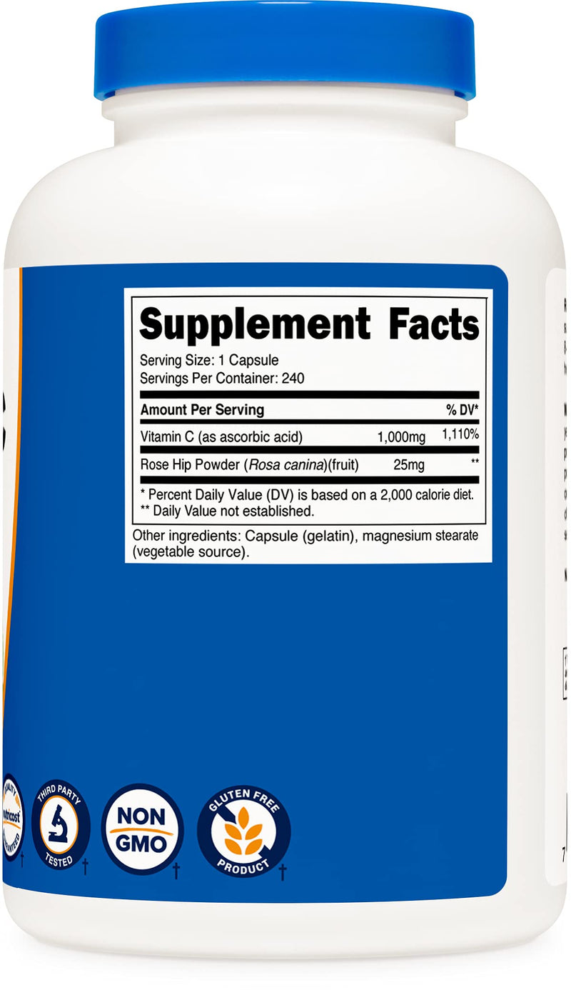 Nutricost Vitamin C with Rose Hips 1025mg, 240 Capsules - Vitamin C 1,000mg, Rose Hips 25mg, Premium, Non-GMO, Gluten Free Supplement 240 Count (Pack of 1) - NewNest Australia