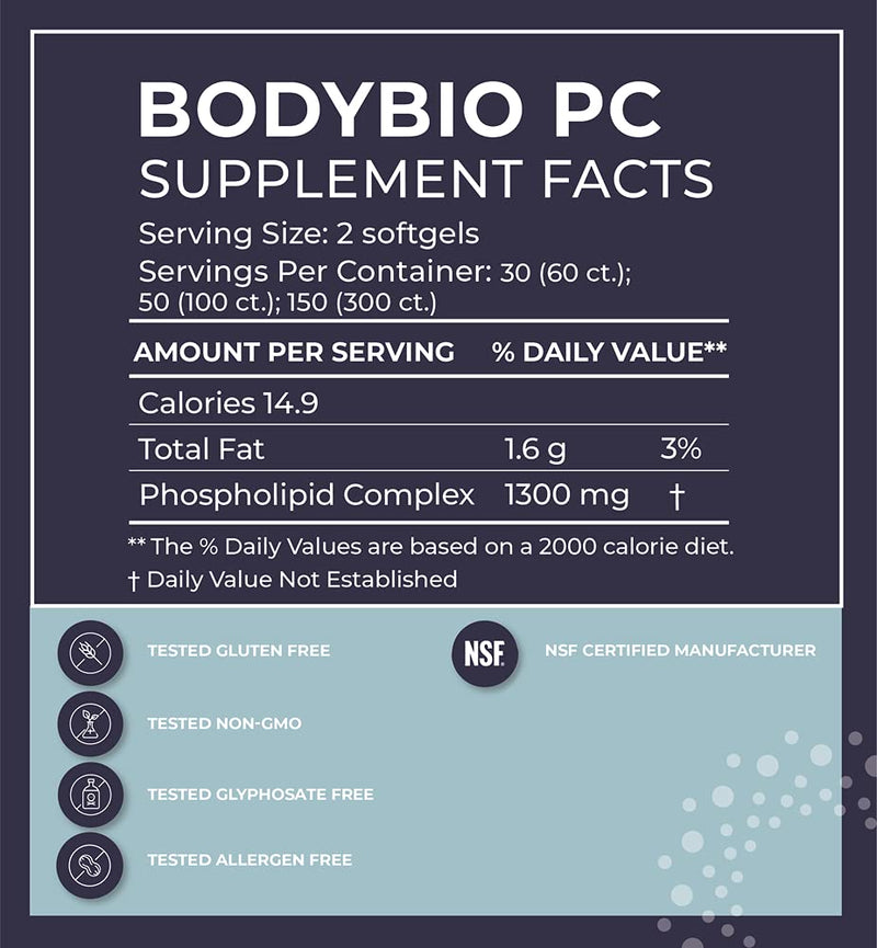 BodyBio - PC Phosphatidylcholine + Phospholipids - Liposomal for High Absorption - Optimal Brain & Cell Health - Boost Memory, Cognition, Focus & Clarity - 100% Non-GMO - 60 Softgels 60 Count (Pack of 1) - NewNest Australia