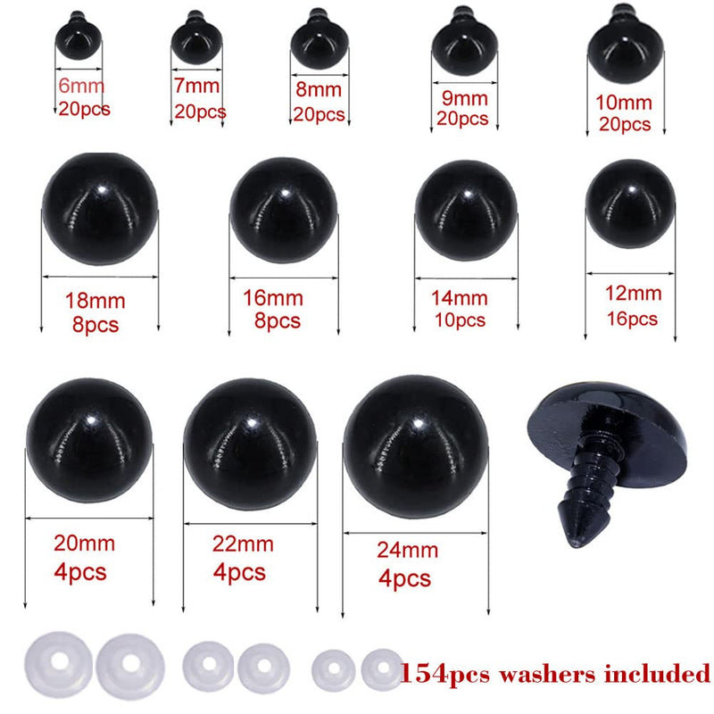 BESTCYC 1box(154pcs) 6/7/8/9/10/12/14/16/18/20/22/24mm Black Solid Plastic Safety Eyes Craft Safety Eyes DIY Eyes with Washers for Teddy Bear Doll Plush Animal Puppet Crafts #1Style - NewNest Australia