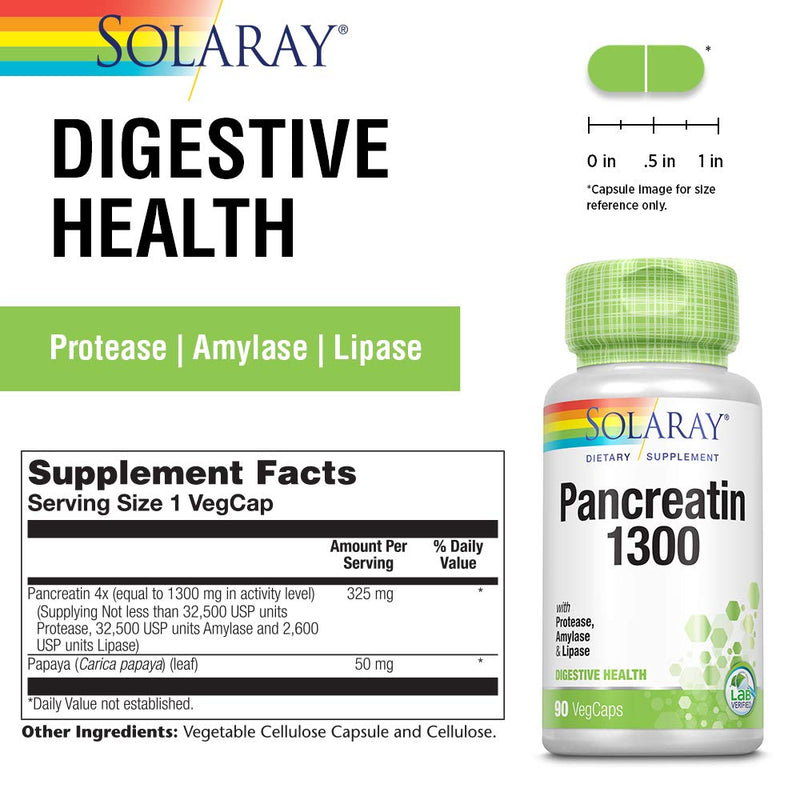 Solaray Pancreatin 1300 | Pancreatic Digestive Enzymes Plus Papaya for Healthy Digestion Support | 90 VegCaps, 90 Serv. - NewNest Australia