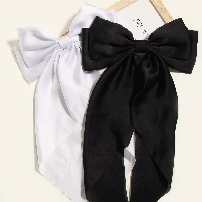 Bow Hair Clips Hair Slides Solid Color Bowknot Hairpin French Barrette with Long Silky Satin Tail Large Bows for Women Girls Hair Barrettes Scrunchies Accessories Pack of 2 (Black & White) - NewNest Australia