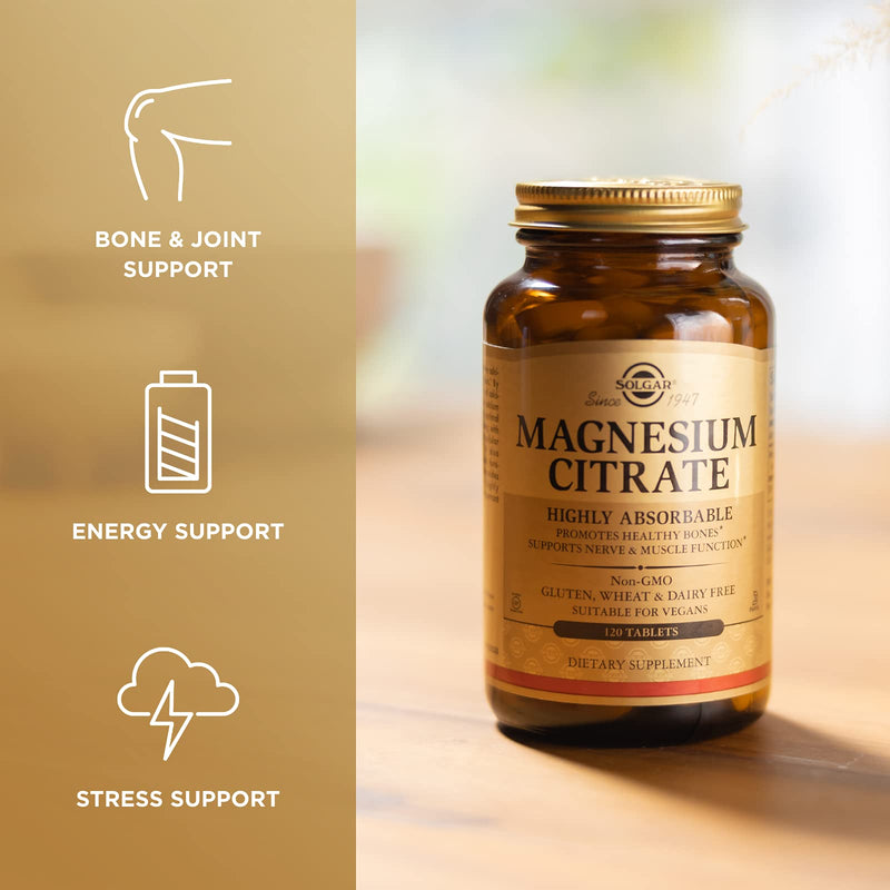 Solgar Magnesium Citrate, 120 Tablets - Promotes Healthy Bones - Supports Nerve & Muscle Function - Non GMO, Vegan, Gluten Free, Dairy Free, Kosher - 60 Servings - NewNest Australia