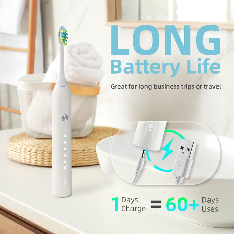 7AM2M Sonic Electric Toothbrush for Adults and Kids, One Charge for 90 Days, with 6 Brush Heads, 5 Modes with 2 Minutes Build in Smart Timer, Roman Column Handle Design (White) White - NewNest Australia