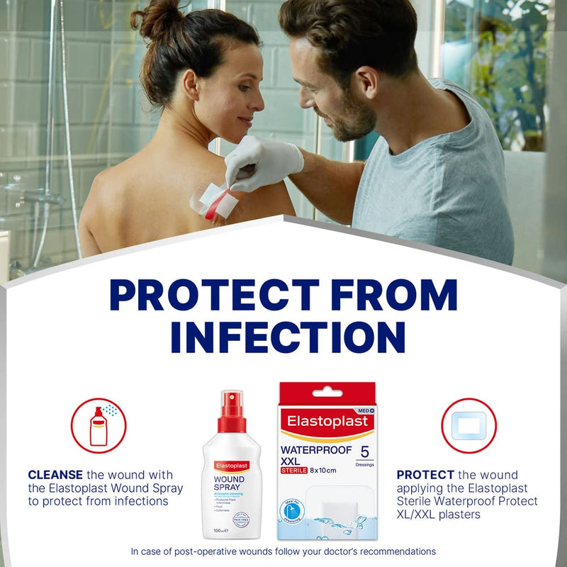 Elastoplast Waterproof XXL Med+ Dressings (5 Pieces), Pack of First Aid Plasters, Large Plasters for Post-Operative Wounds, Waterproof Sterile Dressings for Wounds, 0% Latex, Clear White - NewNest Australia