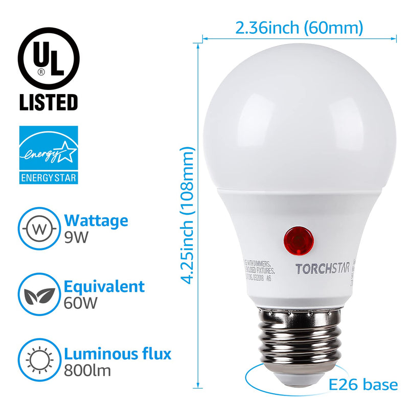 TORCHSTAR LED Dusk to Dawn Light Bulbs Outdoor, Light Sensor A19 LED Bulb, UL & Energy Star Certified, 9W (60W Eqv.), 800lm, Auto On/Off Photocell, for Porch, Front Door, 2700K Soft White, Pack of 4 Soft White (2700K) - NewNest Australia