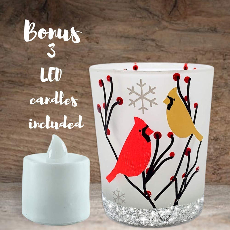 NewNest Australia - BANBERRY DESIGNS Cardinal Votive Holders - Set of 3 Frosted Glass Candle Holders - Cardinal Birds in a Winter Scene with Berries - 3 Flameless Tealight Candles Included 