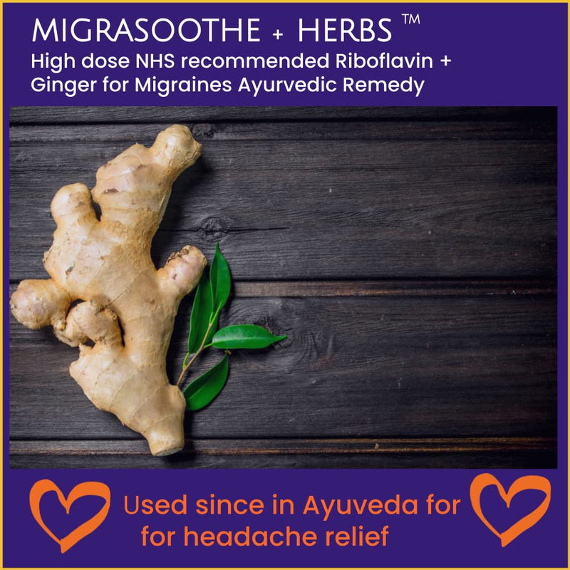 Migraine Relief Feverfew + Ginger + Vitamin B2 Riboflavin 400mg per Capsule - Migrasoothe + Herbs NHS Recommended Ingredients UK Made Stress, Headaches Tremors & Energy Vegan. Vitamin B2 400 [30] 30 - NewNest Australia