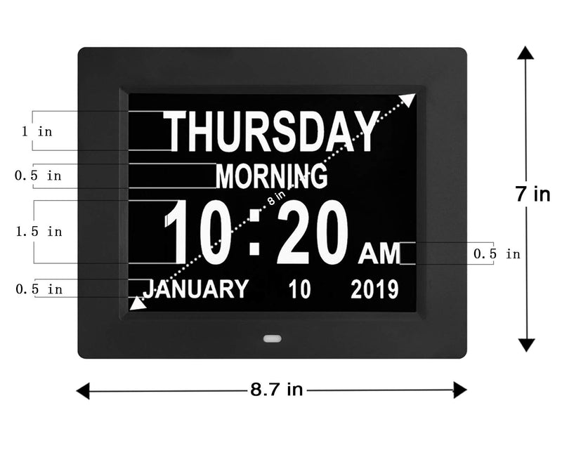 NewNest Australia - Digital Calendar Day Clocks Extra Large Non-Abbreviated Day&Month.Perfect for Seniors + Impaired Vision Dementia (Black,8-inch) Black 