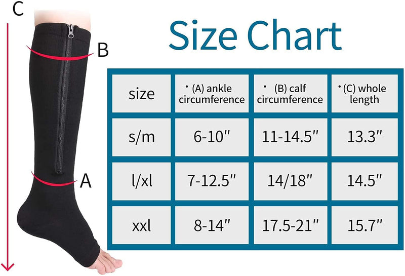 Bropite Zipper Compression Socks - 2Pairs Calf Knee High Stocking - Open Toe Compression Socks for Walking，Runnng，and Sports A - Black Small-Medium - NewNest Australia