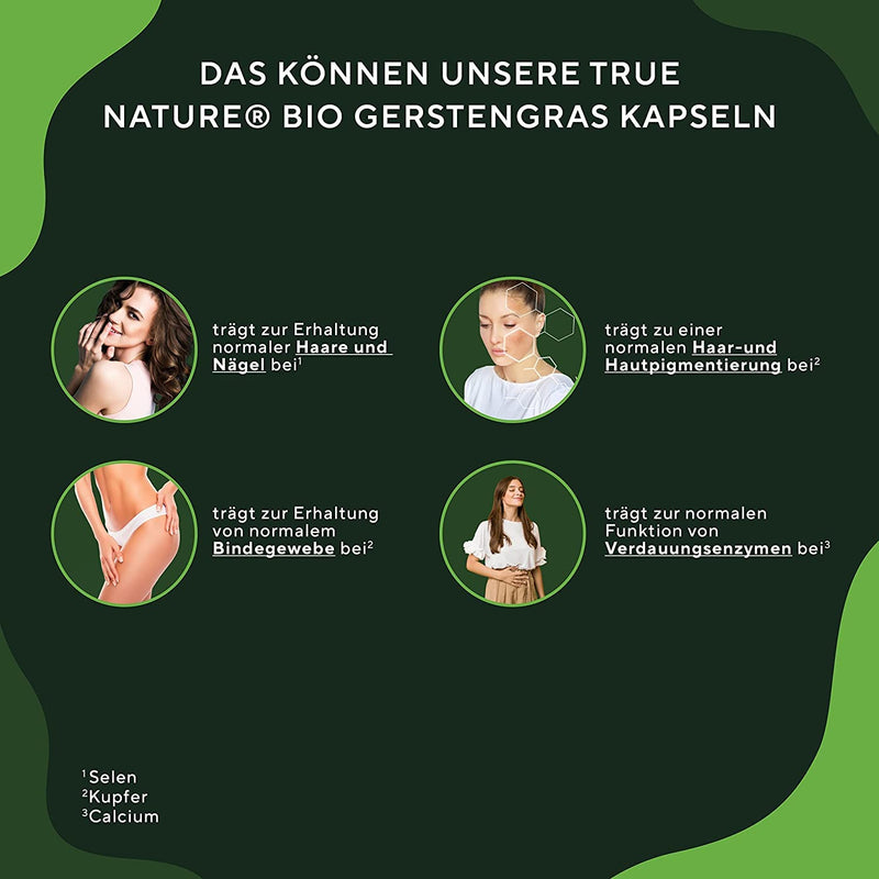 Organic barley grass - 360 capsules (500mg) - 3,000mg high dose per daily dose - German cultivation - contains selenium (contributes to the maintenance of normal hair and nails) - Vegan & laboratory tested - TRUE NATURE - NewNest Australia