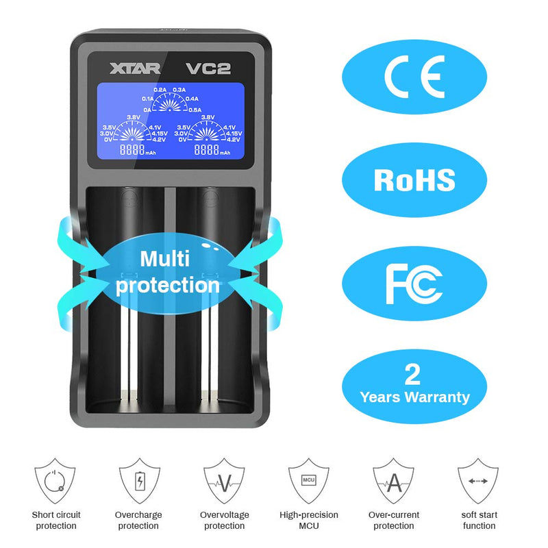 Rechargeable Battery Charger, XTAR VC2 2 Bays Battery Charger for 3.6V 3.7V Li-ion IMR INR ICR 10440 18650 26650 Rechargeable Battery - NewNest Australia