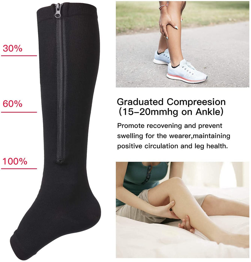 Bropite Zipper Compression Socks - 2Pairs Calf Knee High Stocking - Open Toe Compression Socks for Walking，Runnng，and Sports A - Black Small-Medium - NewNest Australia