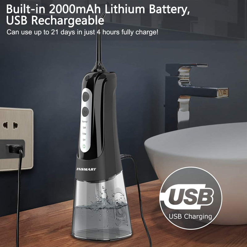 Cordless Water Dental Flosser Teeth Cleaner, INSMART Professional 300ML Tank DIY Mode USB Rechargeable Dental Oral Irrigator for Home and Travel, IPX7 Waterproof 4 Modes Irrigate for Oral Care Black - NewNest Australia