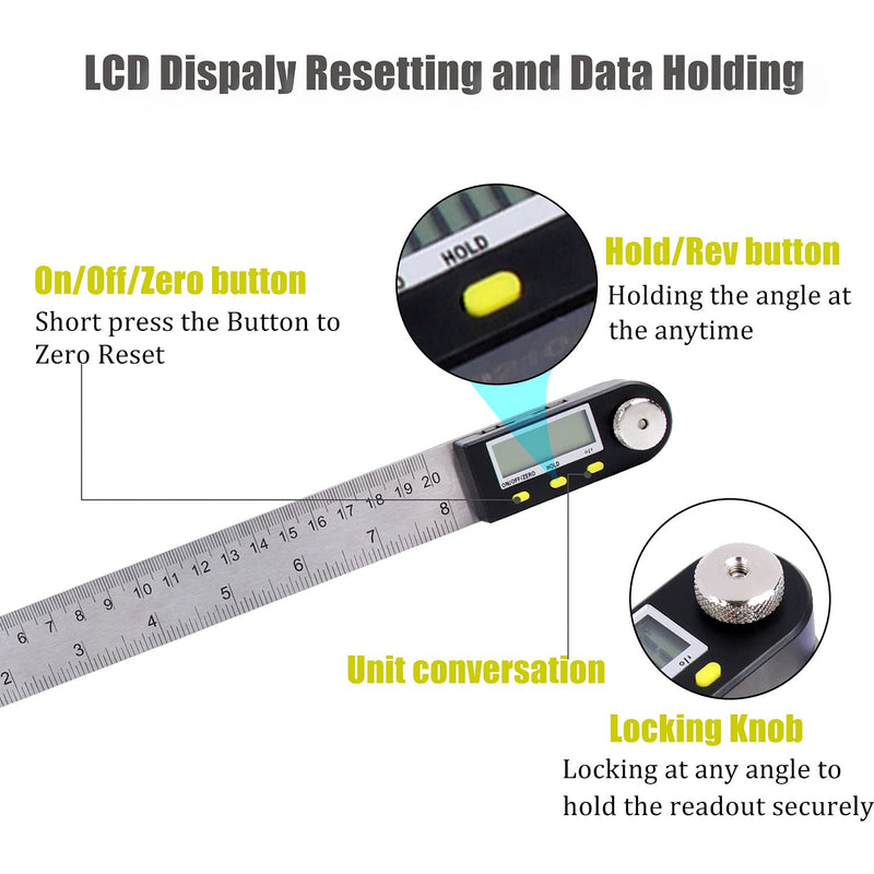 Digital Angle Finder Ruler,Delgada 200mm Digital Protractor Stainless Steel Angle Ruler worked for Woodworking, Construction (Battery Included) 200mm Angle Ruler - NewNest Australia