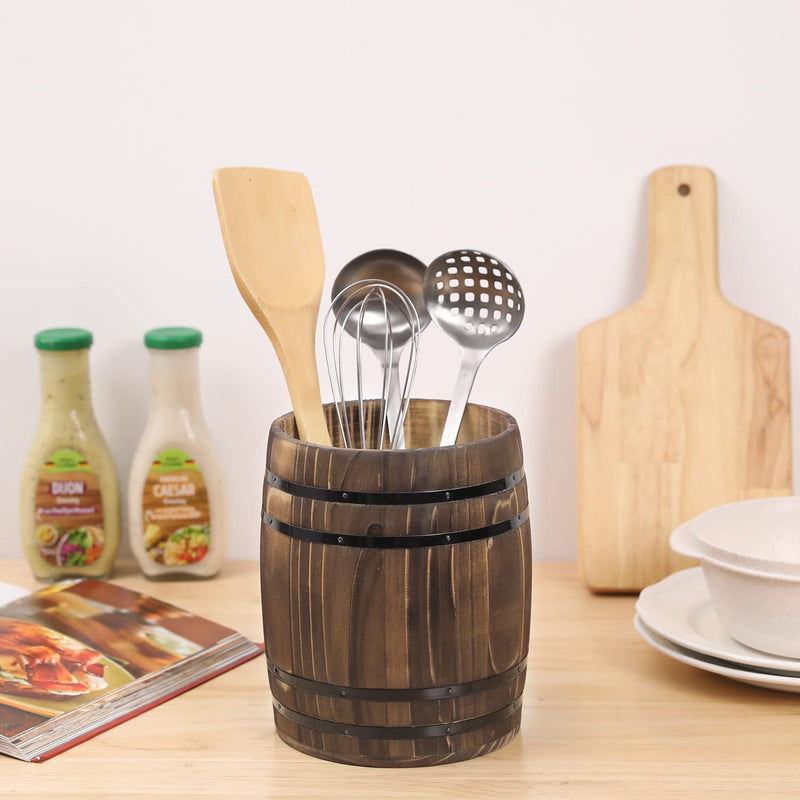 MyGift Wine Barrel Design Kitchen Utensil Crock, Vintage Rustic Burnt Wood Cooking Tool Holder - NewNest Australia