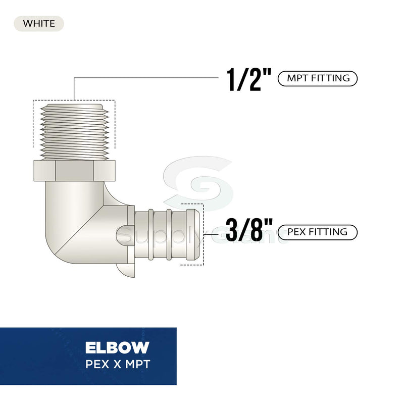 Supply Giant QQNM1238 Lead Free White Poly Alloy Elbow with Pex to Male Threaded Fittings, 1/2 x 3/8 - NewNest Australia