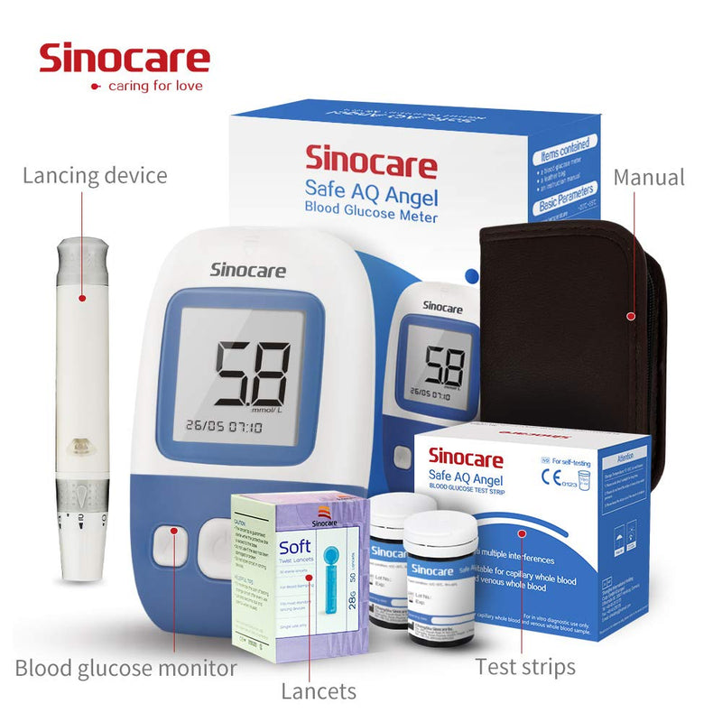 sinocare Diabetes Test Kit, Blood Glucose Monitor w/50 Strips, 5s Test Time Safe AQ Angel Blood Sugar Monitor 200 Memory Capacity, Painless Lancing Glucose Meter - mmol/L Safe AQ Angel kit-50 - NewNest Australia