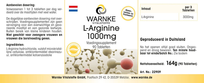 L-Arginine 1000mg - high dose & vegan - 3000mg L-Arginine HCl per daily dose - 90 tablets | Warnke vital substances - NewNest Australia