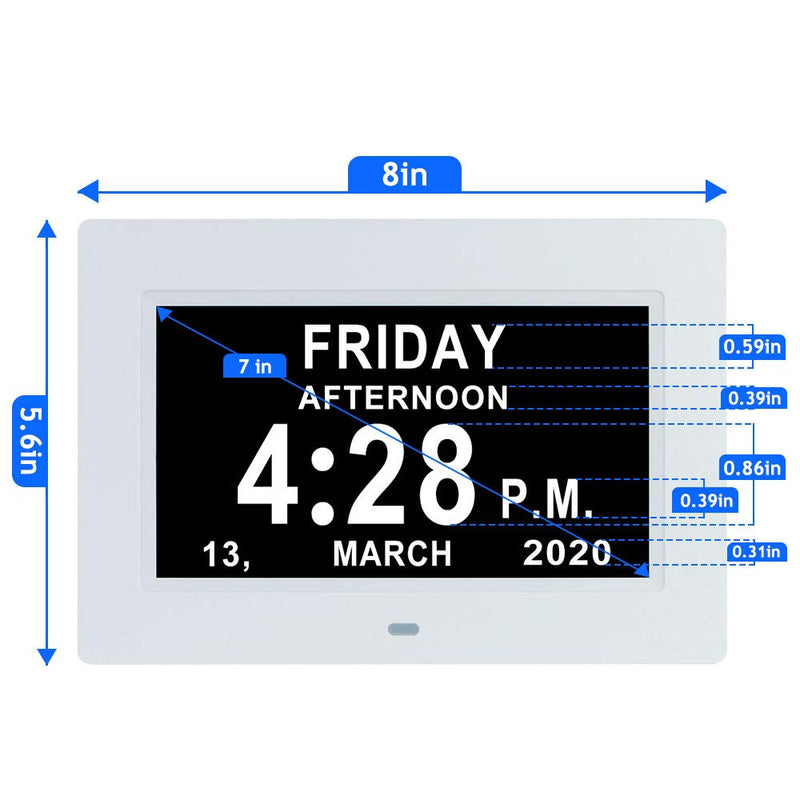 NewNest Australia - 7 Inch Digital Calendar Day Date Clock-12 Alarm Options with Auto-Dimming,Extra Large Non-Abbreviated Day&Month Memory Loss Clock for Seniors,Dementia,Impaired Vision (White) 