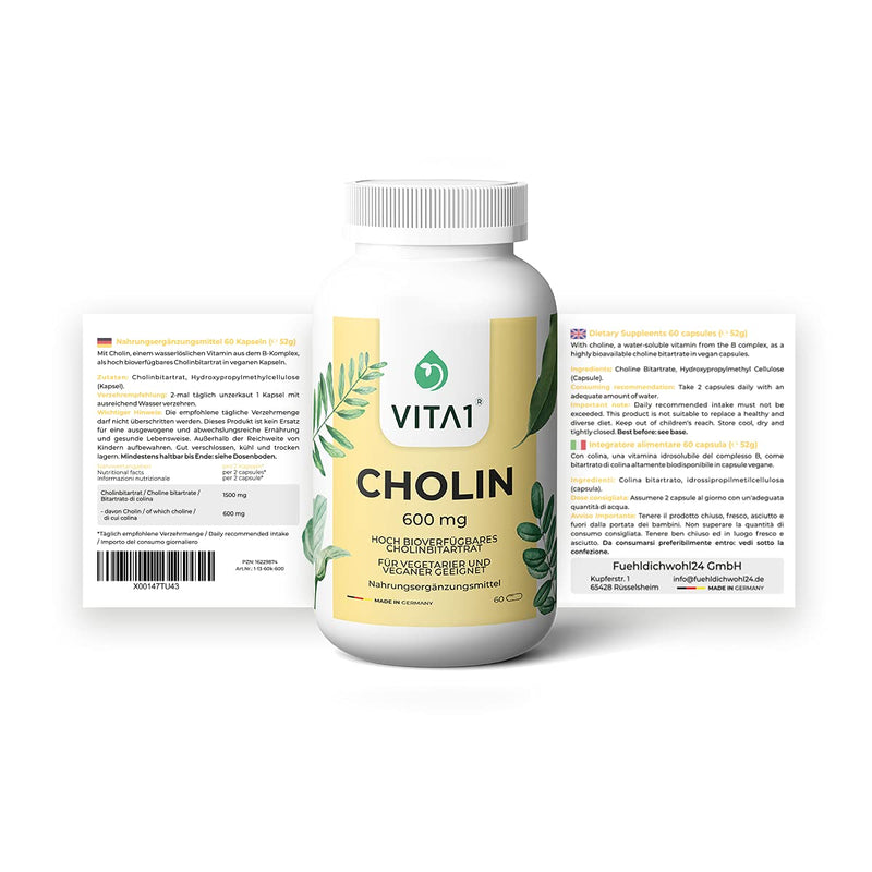 Choline 600mg • 60 capsules • for normal fat metabolism • VITA1 • Choline capsules for vegans and vegetarians - NewNest Australia