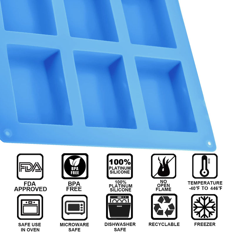 LERYKIN 2 Pack Silicone Soap Molds, 6 Cavities Rectangle Silicone Soap Molds, Great for Homemade Craft Soap Mold, Chocolate Mold, Cake Mold ＆ Ice Cube Tray - Just Pop Out（Blue) Blue - NewNest Australia