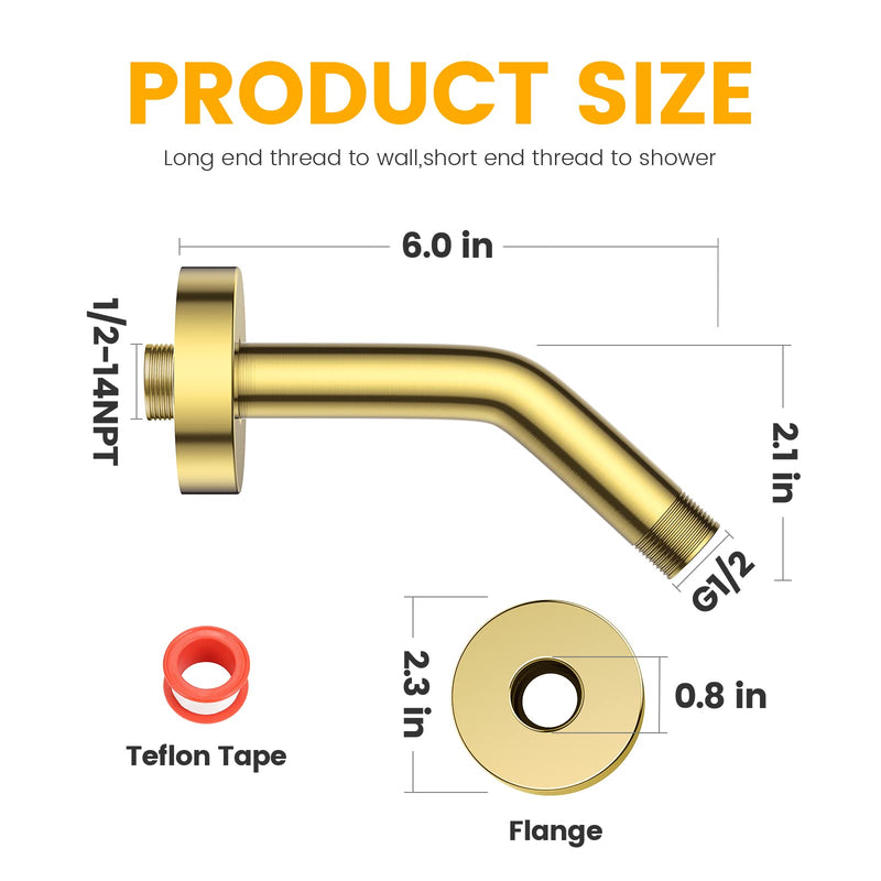 YASFE Brushed Gold Shower Arm 6" Shower Extension Arm Pipe with Flange and Teflon Tape for Shower Head & Handheld Shower Head(SUS 304, Brushed Gold,NPT) - NewNest Australia