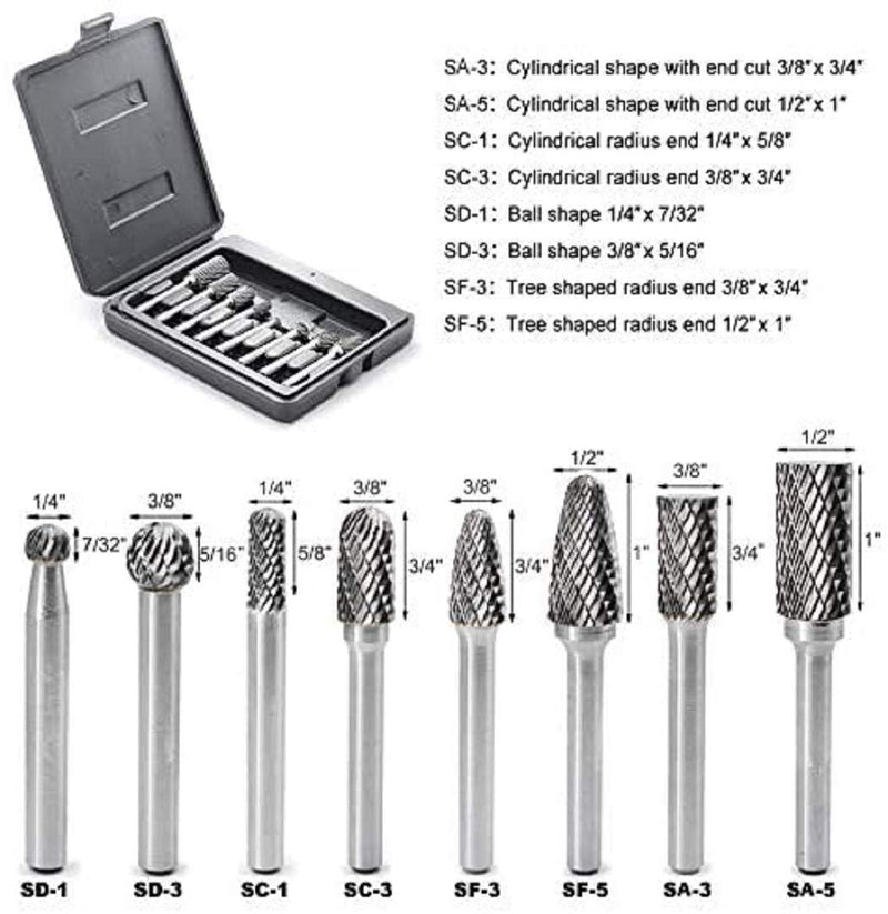 YUFUTOL Carbide Burr Set with 1/4''(6.35mm) Shank 8pcs Double Cut Solid Carbide Rotary Burr Set for Die Grinder Drill, Metal Wood Carving, Engraving,Polishing,Drilling - NewNest Australia