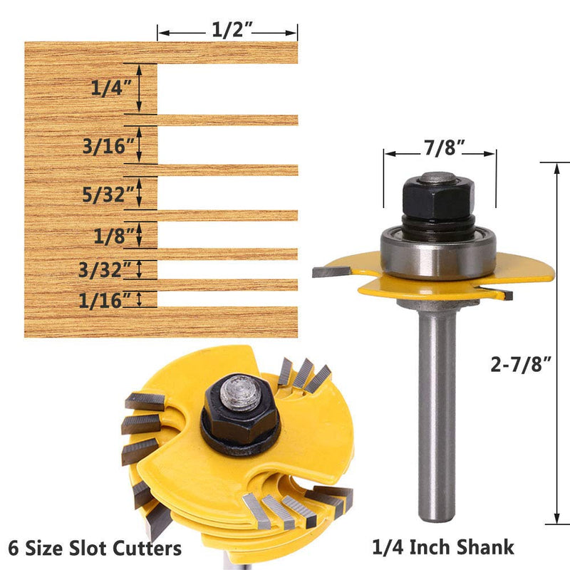 Yakamoz 1/4 Inch Shank 3-Wing Adjustable Slot Cutter Router Bit Set with Bearings | 6-Picecs Slotting Cutting Blades, 1/2 Inch Cutting Depth, 6 Different Cutting Widths - NewNest Australia