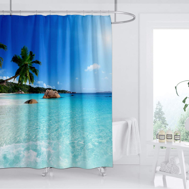 Ocean Beach Shower Curtain Blue Sky Sea Tropical Palm Trees Seaside Landscape Bath Curtain Waterproof Fabric Bathroom Décor 72x72 Inch Plastic Hooks 12PCS Ocean Green 72L*72W - NewNest Australia