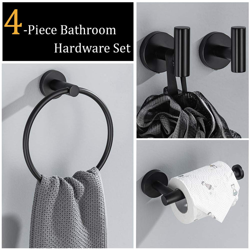 Lairuier Bathroom Hardware Set, Matte Black Stainless Steel 4-Piece Include Hand Towel Ring Toilet Paper Holder and 2 Robe Towel Hooks， Bathroom Wall Mounted Fixtures，Q1M-P4BK - NewNest Australia