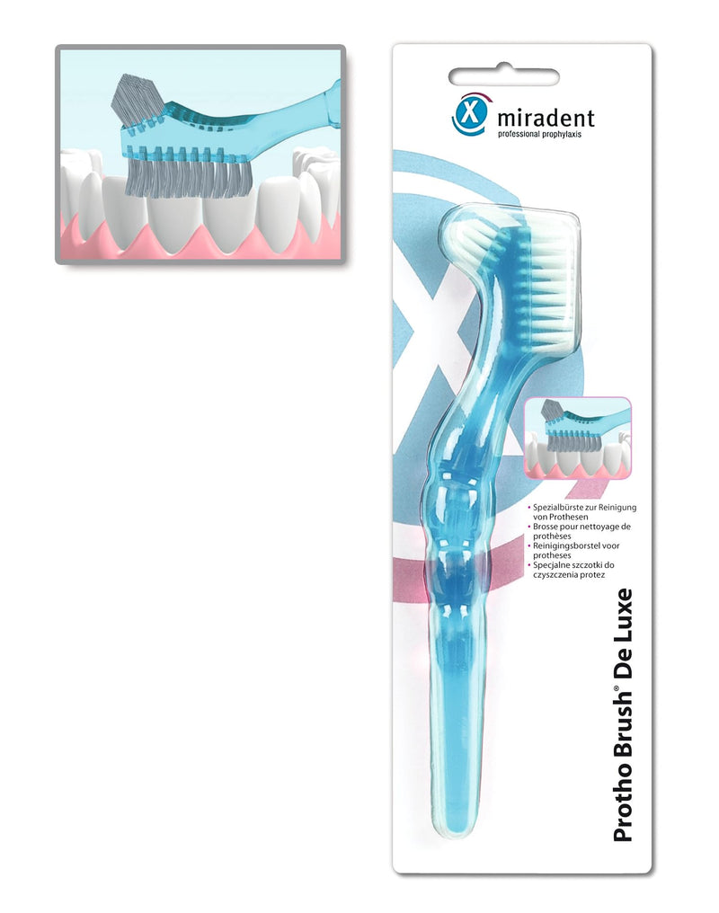 miradent Protho Brush® De Luxe blue denture brush 1 piece | two sizes of bristle fields | large ergonomic handle | available in two colors | also ideal for on the go - NewNest Australia
