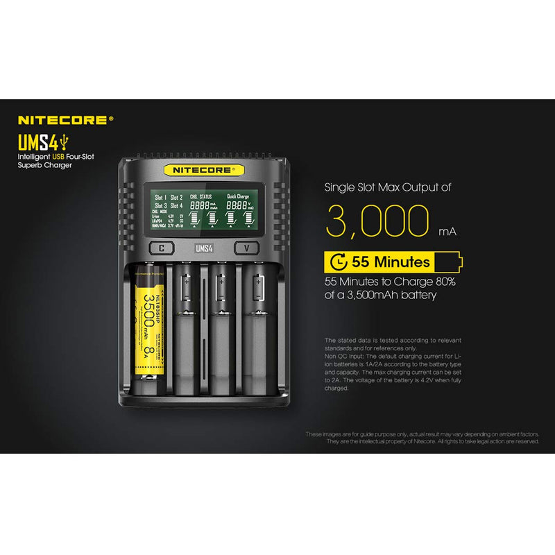 NITECORE UMS4 Intelligent USB Four Slot Quick Battery Charger for Li-Ion/Ni-MH/Ni-Cd/IMR 16340 14500 18650 21700 20700 AA AAA and More Batteries, with LumenTac Battery Organizer - NewNest Australia