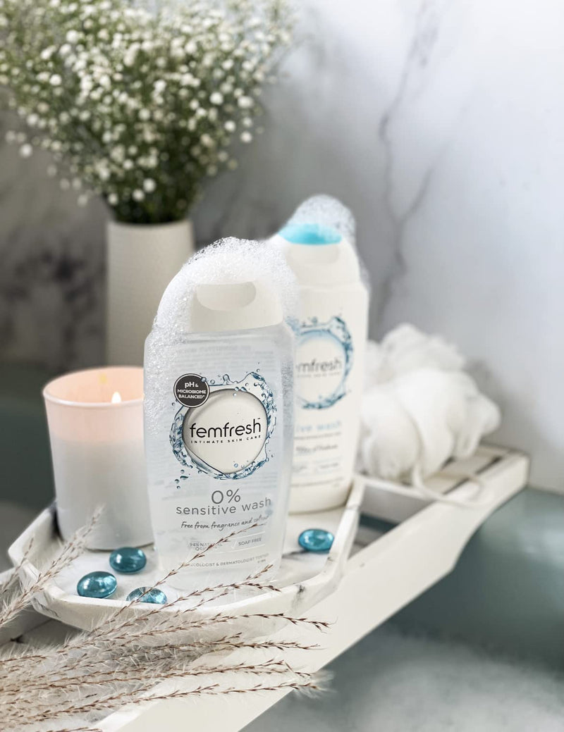 Femfresh 0% Sensitive Intimate Wash - Feminine Hygiene Shower & Bath Gel Cleanser - pH Balanced, Soap Free, Fragrance Free Vegan Formula - w. Purifying Lotus Flower Extract to Soothe & Protect - 250ml - NewNest Australia